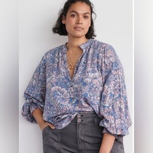 Anthropologie Maeve Colette Peasant Blouse Blue Motif Plus Size 1X